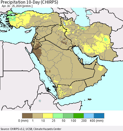 Middle East and Turkey Precipitation 10-Day (CHIRPS) Thematic Map For 4/16/2024 - 4/25/2024