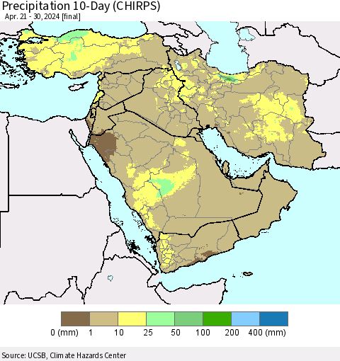 Middle East and Turkey Precipitation 10-Day (CHIRPS) Thematic Map For 4/21/2024 - 4/30/2024