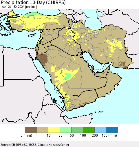 Middle East and Turkey Precipitation 10-Day (CHIRPS) Thematic Map For 4/21/2024 - 4/30/2024