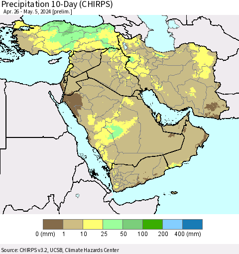 Middle East and Turkey Precipitation 10-Day (CHIRPS) Thematic Map For 4/26/2024 - 5/5/2024