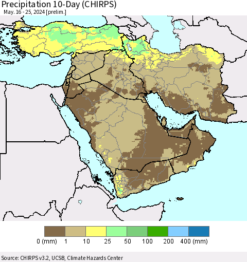 Middle East and Turkey Precipitation 10-Day (CHIRPS) Thematic Map For 5/16/2024 - 5/25/2024