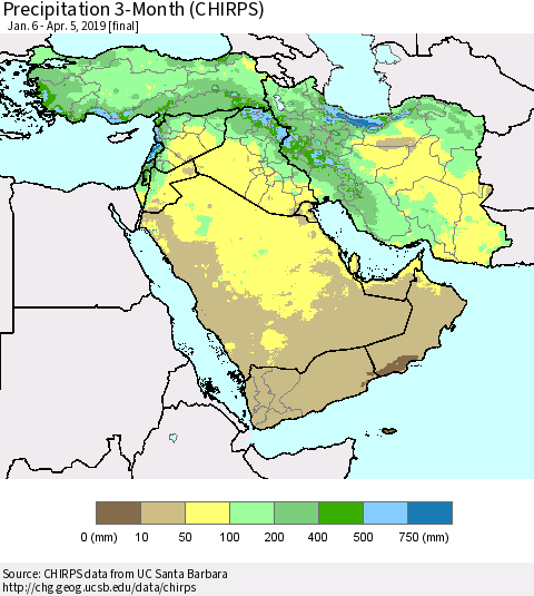 Middle East and Turkey Precipitation 3-Month (CHIRPS) Thematic Map For 1/6/2019 - 4/5/2019