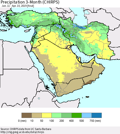 Middle East and Turkey Precipitation 3-Month (CHIRPS) Thematic Map For 1/11/2019 - 4/10/2019