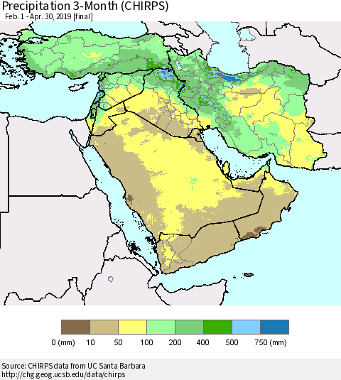 Middle East and Turkey Precipitation 3-Month (CHIRPS) Thematic Map For 2/1/2019 - 4/30/2019