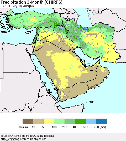 Middle East and Turkey Precipitation 3-Month (CHIRPS) Thematic Map For 2/11/2019 - 5/10/2019
