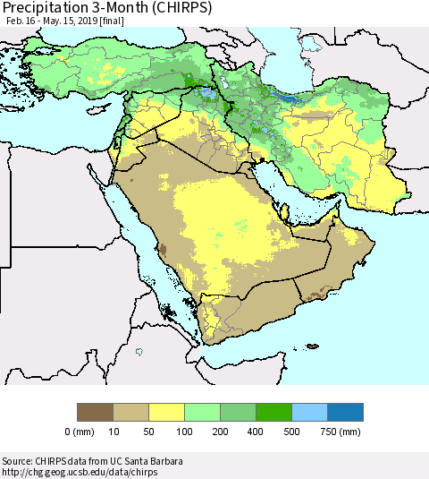 Middle East and Turkey Precipitation 3-Month (CHIRPS) Thematic Map For 2/16/2019 - 5/15/2019