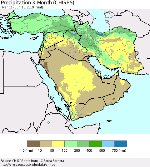 Middle East and Turkey Precipitation 3-Month (CHIRPS) Thematic Map For 3/11/2019 - 6/10/2019
