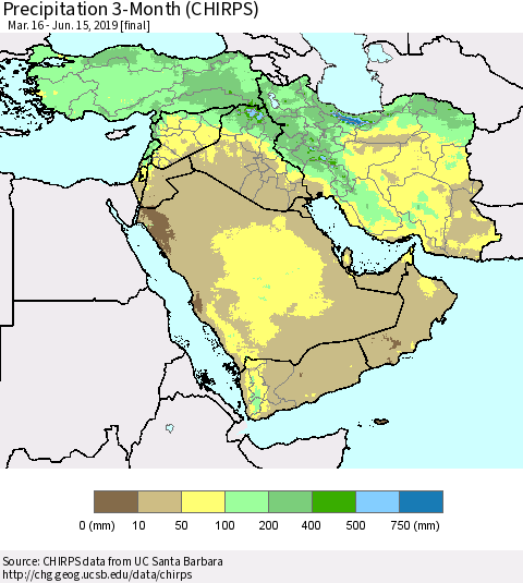 Middle East and Turkey Precipitation 3-Month (CHIRPS) Thematic Map For 3/16/2019 - 6/15/2019