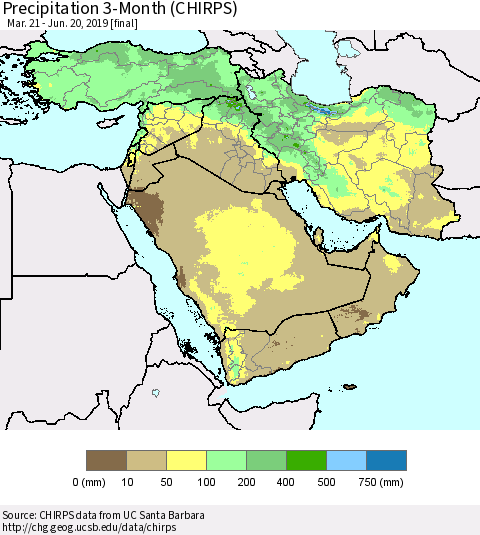 Middle East and Turkey Precipitation 3-Month (CHIRPS) Thematic Map For 3/21/2019 - 6/20/2019