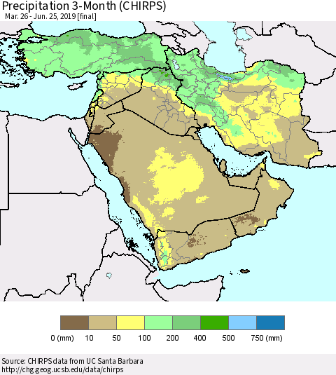 Middle East and Turkey Precipitation 3-Month (CHIRPS) Thematic Map For 3/26/2019 - 6/25/2019