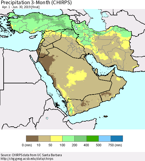 Middle East and Turkey Precipitation 3-Month (CHIRPS) Thematic Map For 4/1/2019 - 6/30/2019