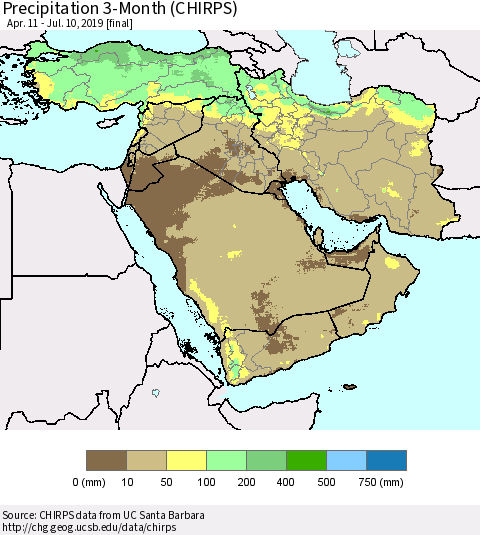 Middle East and Turkey Precipitation 3-Month (CHIRPS) Thematic Map For 4/11/2019 - 7/10/2019