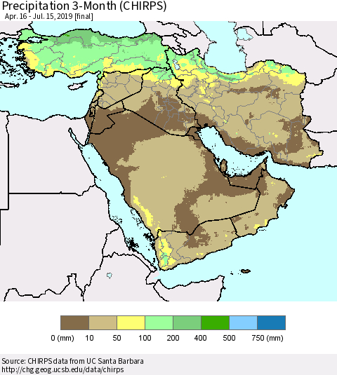 Middle East and Turkey Precipitation 3-Month (CHIRPS) Thematic Map For 4/16/2019 - 7/15/2019