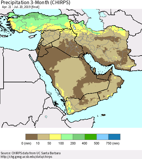 Middle East and Turkey Precipitation 3-Month (CHIRPS) Thematic Map For 4/21/2019 - 7/20/2019