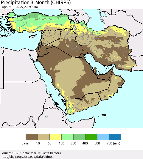 Middle East and Turkey Precipitation 3-Month (CHIRPS) Thematic Map For 4/26/2019 - 7/25/2019