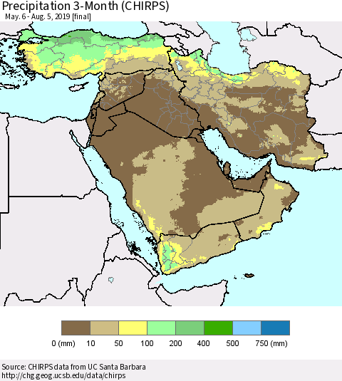 Middle East and Turkey Precipitation 3-Month (CHIRPS) Thematic Map For 5/6/2019 - 8/5/2019
