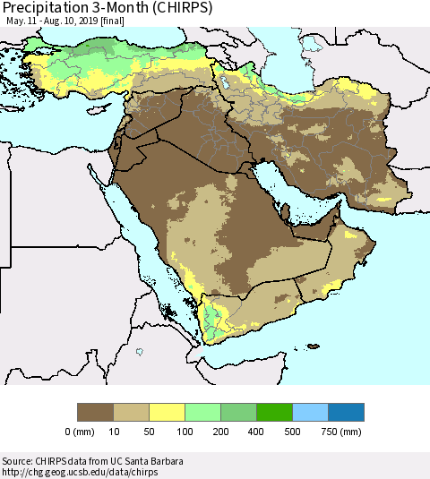 Middle East and Turkey Precipitation 3-Month (CHIRPS) Thematic Map For 5/11/2019 - 8/10/2019