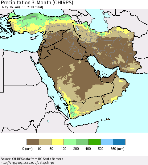 Middle East and Turkey Precipitation 3-Month (CHIRPS) Thematic Map For 5/16/2019 - 8/15/2019