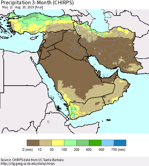 Middle East and Turkey Precipitation 3-Month (CHIRPS) Thematic Map For 5/21/2019 - 8/20/2019