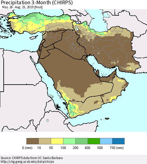 Middle East and Turkey Precipitation 3-Month (CHIRPS) Thematic Map For 5/26/2019 - 8/25/2019