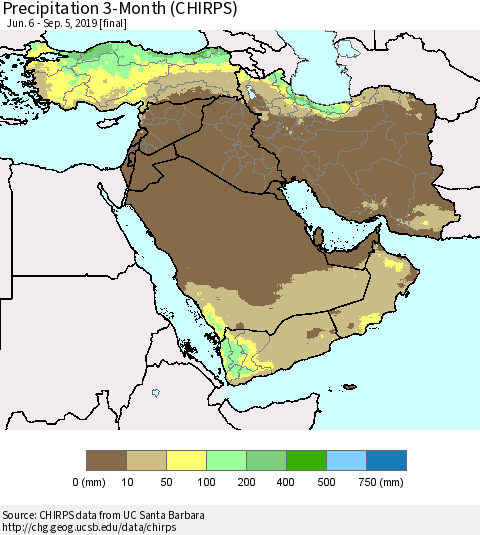 Middle East and Turkey Precipitation 3-Month (CHIRPS) Thematic Map For 6/6/2019 - 9/5/2019