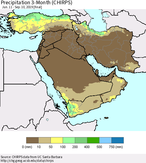 Middle East and Turkey Precipitation 3-Month (CHIRPS) Thematic Map For 6/11/2019 - 9/10/2019