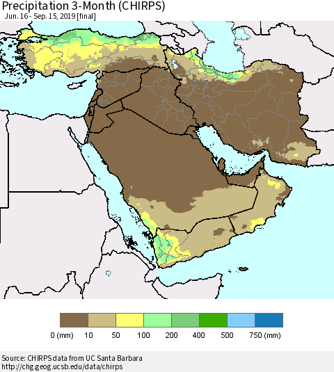 Middle East and Turkey Precipitation 3-Month (CHIRPS) Thematic Map For 6/16/2019 - 9/15/2019