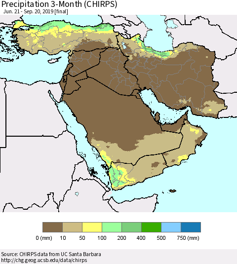 Middle East and Turkey Precipitation 3-Month (CHIRPS) Thematic Map For 6/21/2019 - 9/20/2019