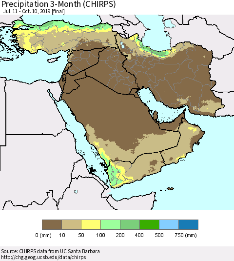 Middle East and Turkey Precipitation 3-Month (CHIRPS) Thematic Map For 7/11/2019 - 10/10/2019