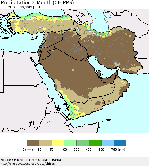 Middle East and Turkey Precipitation 3-Month (CHIRPS) Thematic Map For 7/21/2019 - 10/20/2019