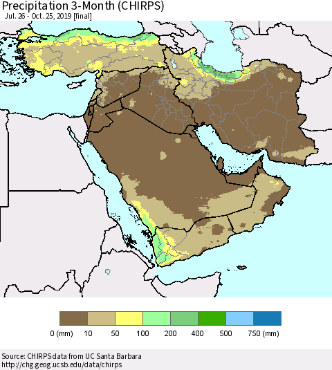 Middle East and Turkey Precipitation 3-Month (CHIRPS) Thematic Map For 7/26/2019 - 10/25/2019