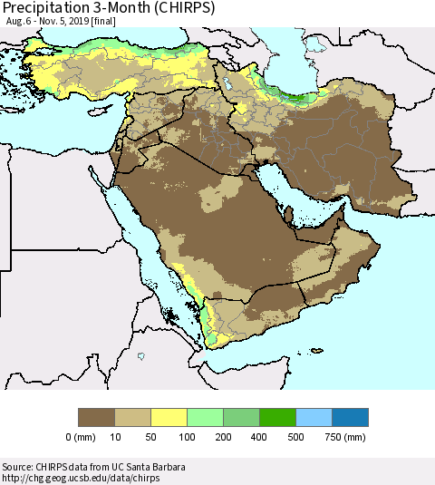 Middle East and Turkey Precipitation 3-Month (CHIRPS) Thematic Map For 8/6/2019 - 11/5/2019