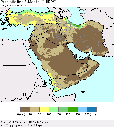 Middle East and Turkey Precipitation 3-Month (CHIRPS) Thematic Map For 8/11/2019 - 11/10/2019