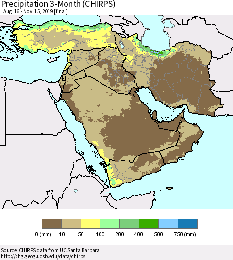Middle East and Turkey Precipitation 3-Month (CHIRPS) Thematic Map For 8/16/2019 - 11/15/2019