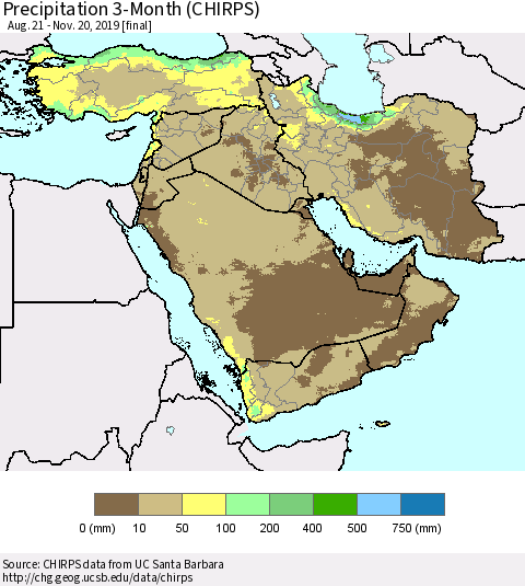Middle East and Turkey Precipitation 3-Month (CHIRPS) Thematic Map For 8/21/2019 - 11/20/2019