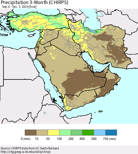 Middle East and Turkey Precipitation 3-Month (CHIRPS) Thematic Map For 9/6/2019 - 12/5/2019