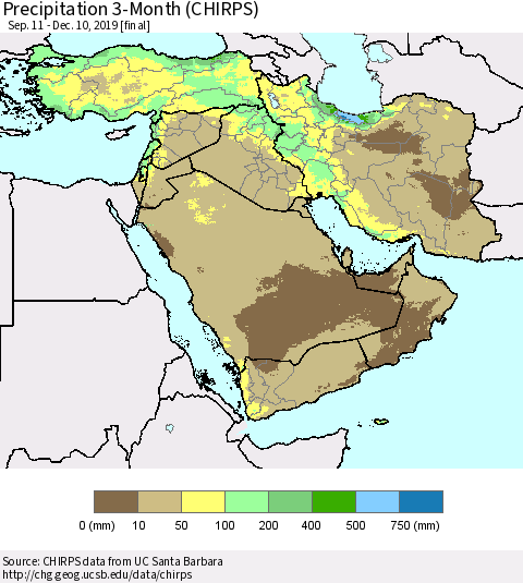 Middle East and Turkey Precipitation 3-Month (CHIRPS) Thematic Map For 9/11/2019 - 12/10/2019