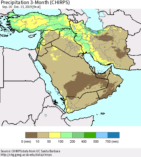 Middle East and Turkey Precipitation 3-Month (CHIRPS) Thematic Map For 9/16/2019 - 12/15/2019