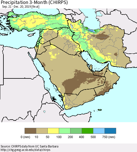 Middle East and Turkey Precipitation 3-Month (CHIRPS) Thematic Map For 9/21/2019 - 12/20/2019