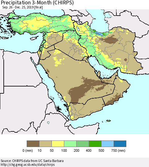 Middle East and Turkey Precipitation 3-Month (CHIRPS) Thematic Map For 9/26/2019 - 12/25/2019