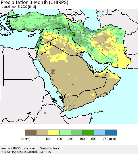 Middle East and Turkey Precipitation 3-Month (CHIRPS) Thematic Map For 1/6/2020 - 4/5/2020