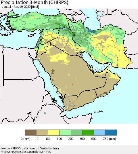 Middle East and Turkey Precipitation 3-Month (CHIRPS) Thematic Map For 1/11/2020 - 4/10/2020