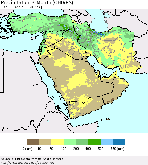 Middle East and Turkey Precipitation 3-Month (CHIRPS) Thematic Map For 1/21/2020 - 4/20/2020