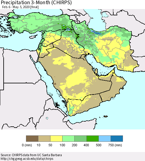 Middle East and Turkey Precipitation 3-Month (CHIRPS) Thematic Map For 2/6/2020 - 5/5/2020