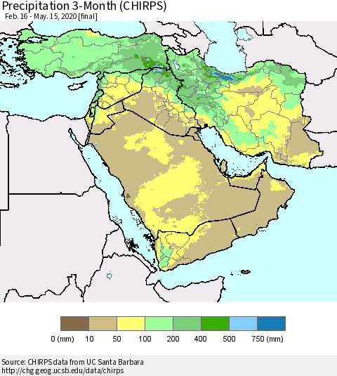 Middle East and Turkey Precipitation 3-Month (CHIRPS) Thematic Map For 2/16/2020 - 5/15/2020
