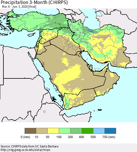 Middle East and Turkey Precipitation 3-Month (CHIRPS) Thematic Map For 3/6/2020 - 6/5/2020