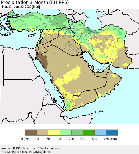 Middle East and Turkey Precipitation 3-Month (CHIRPS) Thematic Map For 3/21/2020 - 6/20/2020