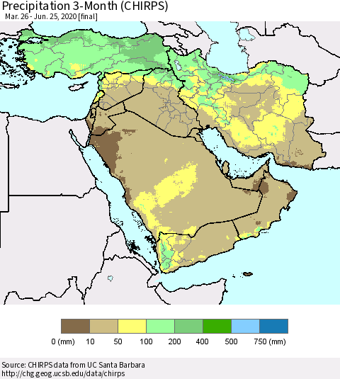 Middle East and Turkey Precipitation 3-Month (CHIRPS) Thematic Map For 3/26/2020 - 6/25/2020