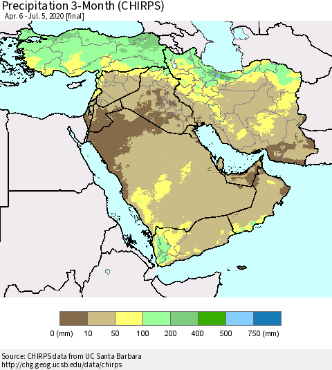 Middle East and Turkey Precipitation 3-Month (CHIRPS) Thematic Map For 4/6/2020 - 7/5/2020