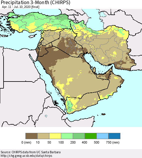 Middle East and Turkey Precipitation 3-Month (CHIRPS) Thematic Map For 4/11/2020 - 7/10/2020